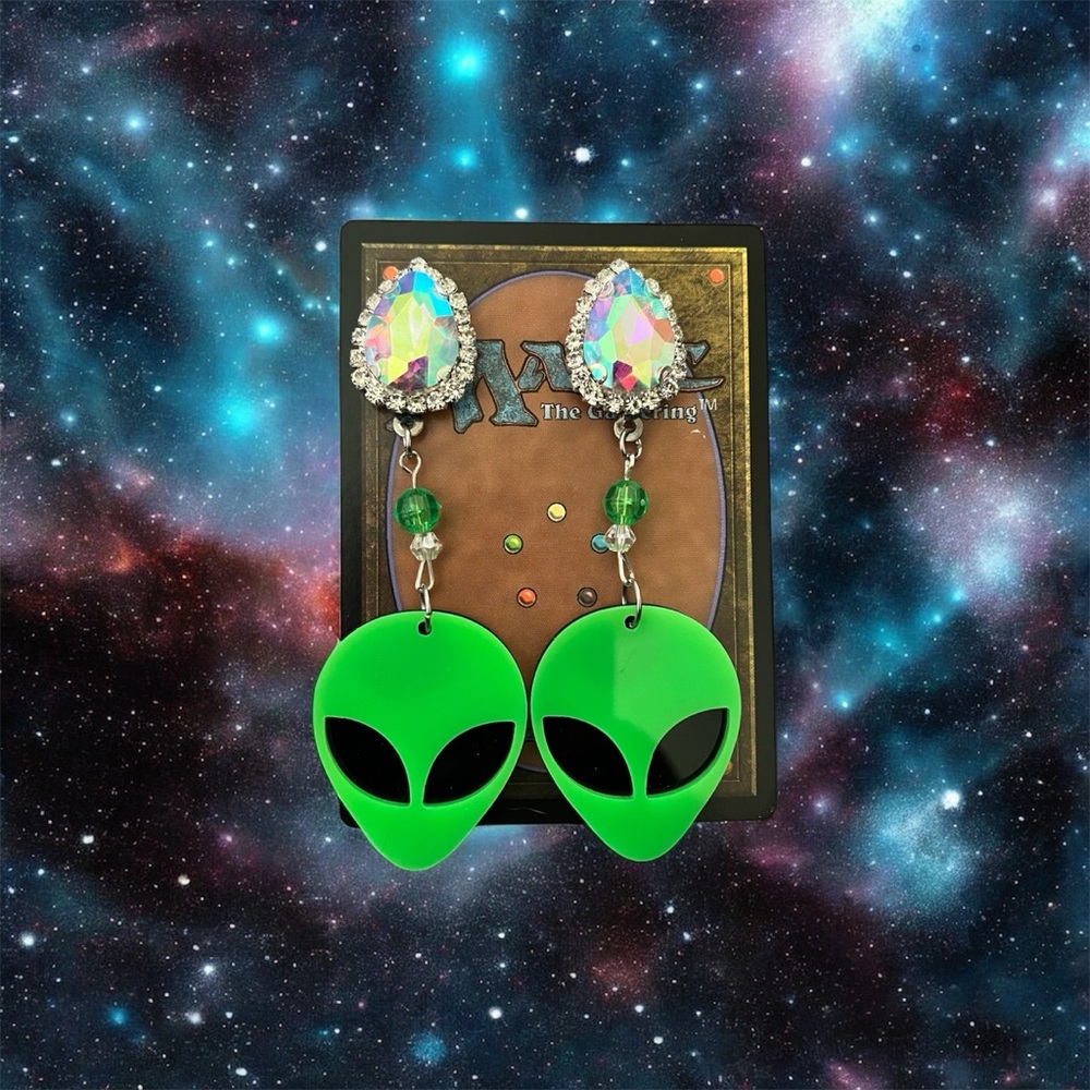 Green Alien Dangle Earrings